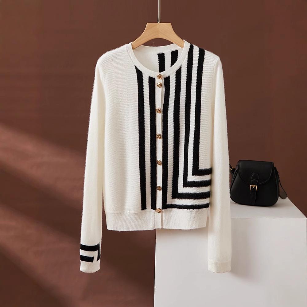 Women's French Coco Style Striped Cashmere Cardigan – Round Neck Autumn/Winter Loose Knitwear