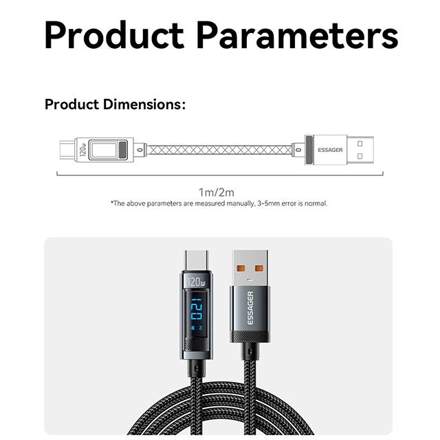 Essager Кабель USB Type C 6A 120 Вт для Xiaomi 14pro со светодиодным дисплеем, зарядное устройство для быстрой зарядки, кабель USB C, шнур для передачи данных для Realme Black Shark