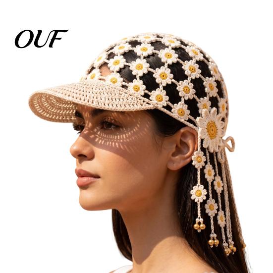 Boho Chic Photography Prop Hand Crocheted Sunflower Baseball Cap, Bohemian Tassel Bell Hat, Handmade Knit Cutout Floral Spring Summer Fashion