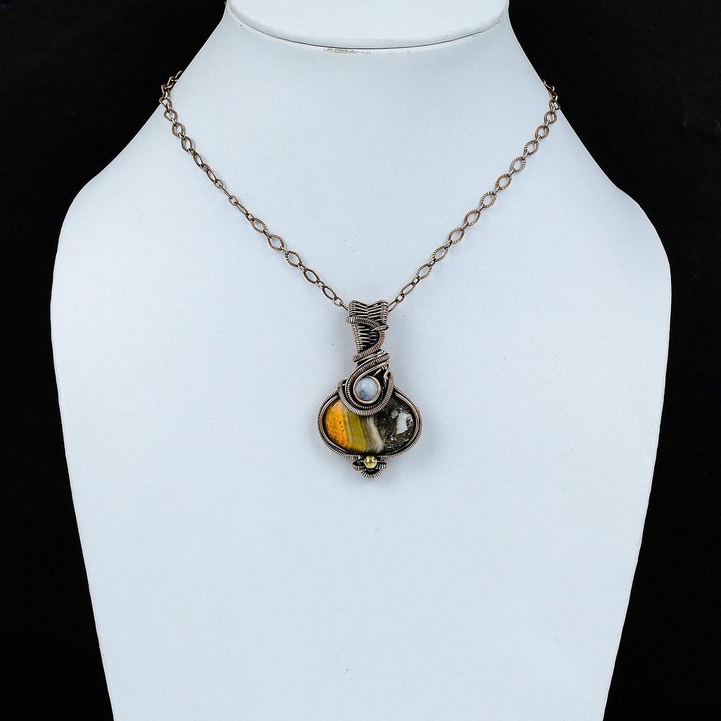 Подвеска из медной проволоки в виде яшмы шмеля, подвеска из радужного лунного камня, ювелирные изделия из натурального драгоценного камня, уникальная подвеска ручной работы, ювелирные изделия из медной проволоки