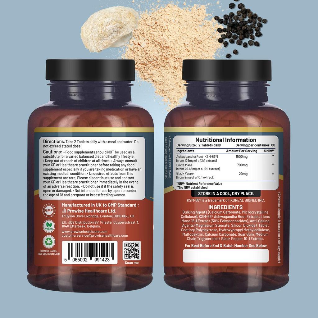 KSM-66 Ashwagandha and Lions Mane Tablets - High Strength 2200mg | KSM-66 Ashwagandha Root Extract and Lions Mane Mushroom Extract