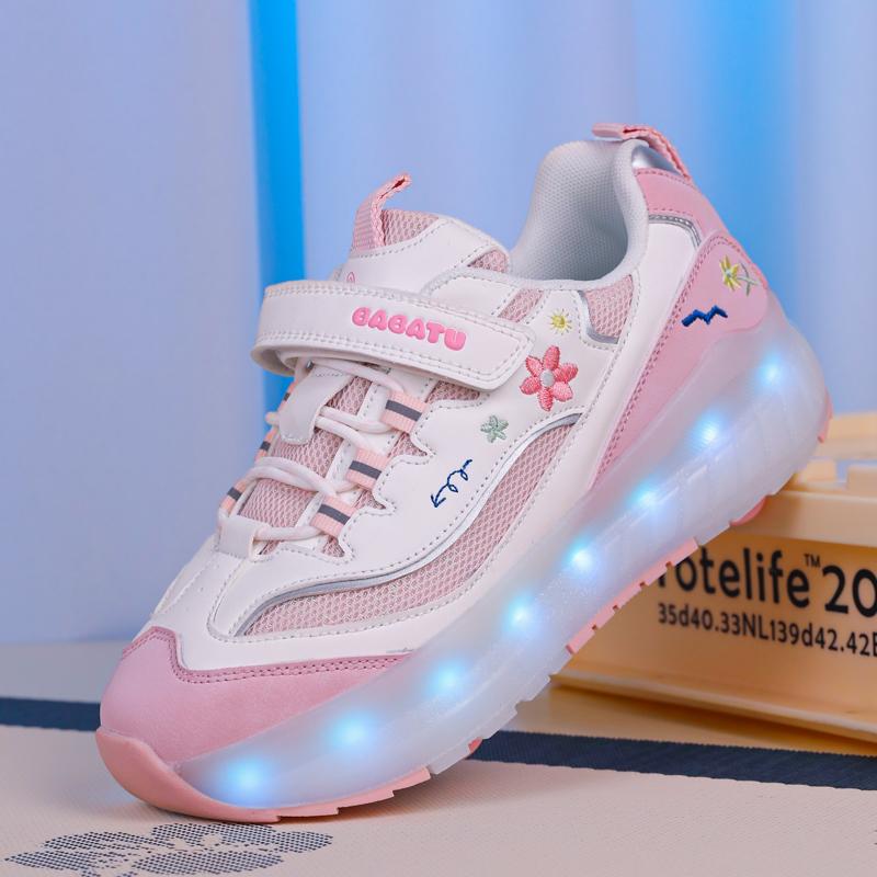 Детские четырехколесные съемные плоские спортивные туфли перезаряжаемые светодиодные светящиеся спортивные туфли четырехколесные роликовые коньки