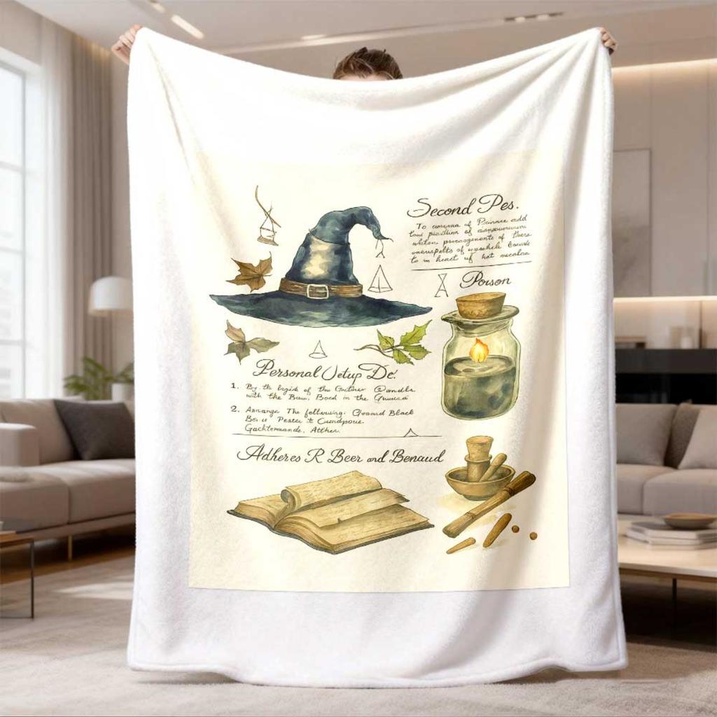 2026 Latest Flannel Blanket Magical Calligraphy Blanket Witch Hat, Potion & Book Design, Bohemian Style, Brown, Perfect for Fantasy Lovers, AllSeason