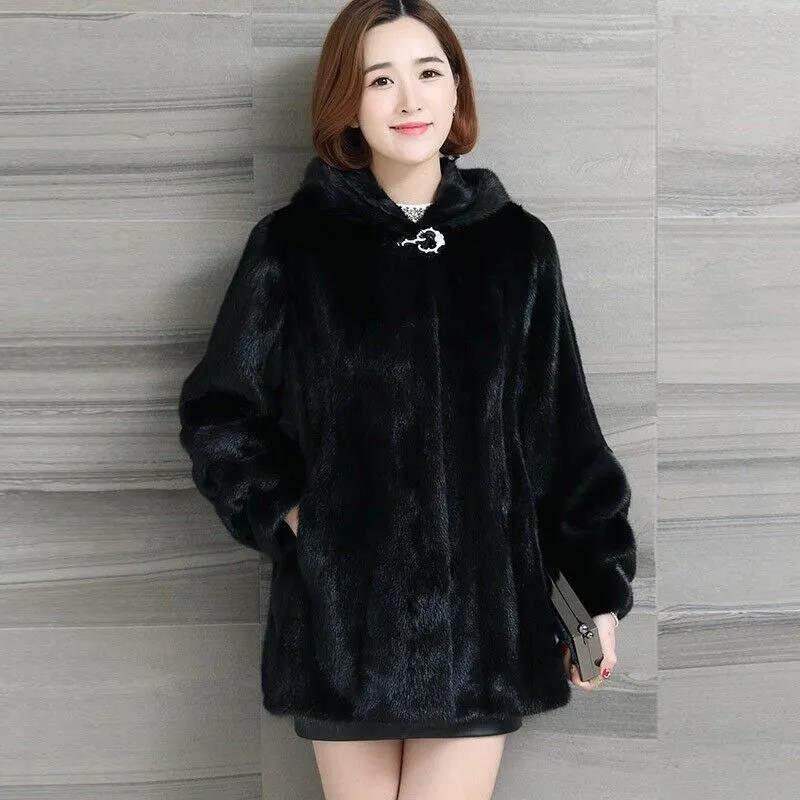 Faux Mink Coat Women's Mid-length Autumn and Winter Thick Plus Size Hooded Fur Coat Women Are Thin
