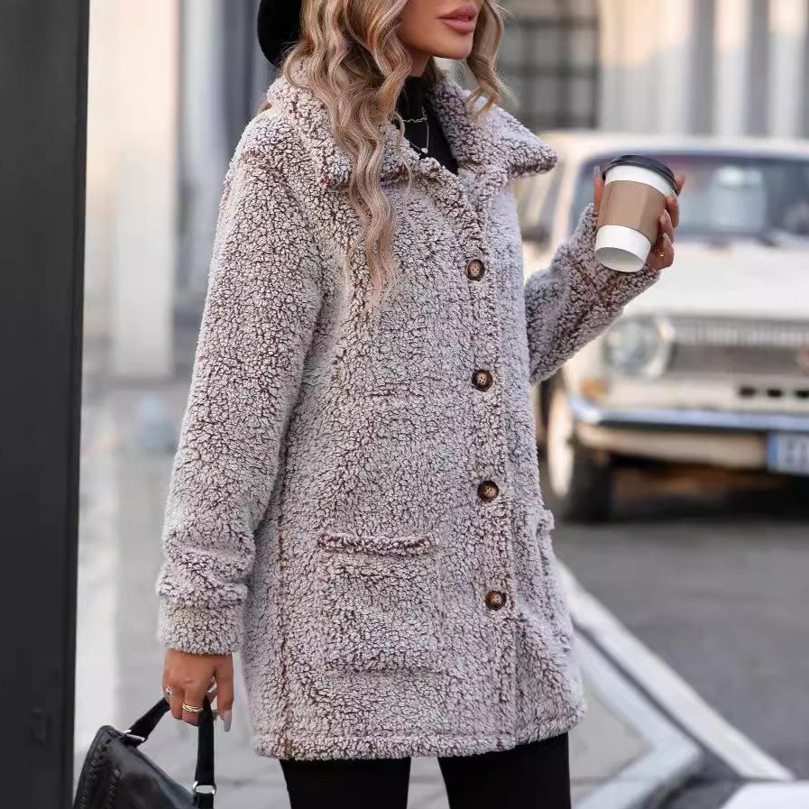 Женские куртки из флиса Sherpa, теплые зимние куртки с пуговицами и лацканами, плюшевое пальто с длинными рукавами и карманами, куртки из искусственного меха для женщин