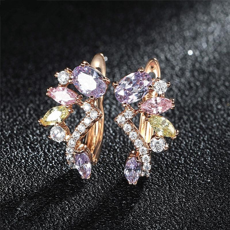1 пара разноцветных висячих сережек золотого цвета с камнями огранки «маркиз» красного, фиолетового, оливково-зеленого цвета, серьги-капельки с цветком и листьями, нежные ювелирные изделия