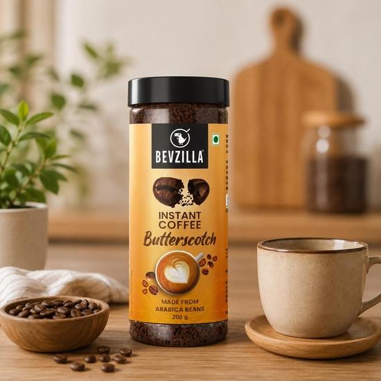 Bevzilla 200 GM Butterscotch Flavoured Instant Coffee Powder | Arabica Beans | Best For Espresso, Latte & Cappucino