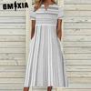 Women's Fashion Plaid Irregular Striped Print V-neck Short-sleeve Pocket Dress Long Skirt