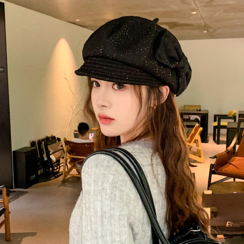 Hat Female Foreign Style Fashion Design Sense Bow Niche Cap Suitable for Round Face Small Octagonal Hat