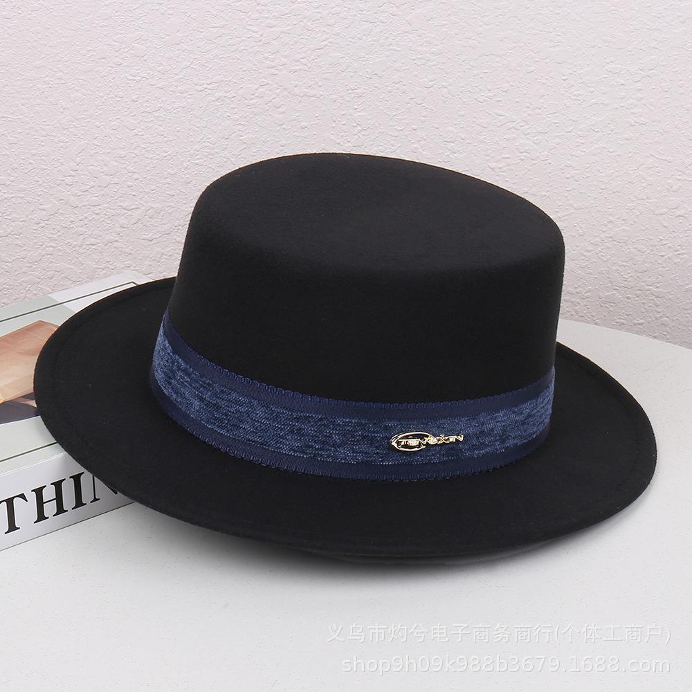 French fashion new autumn and winter versatile elegant retro flat top hat women's fashion woolen temperament personalized jazz hat