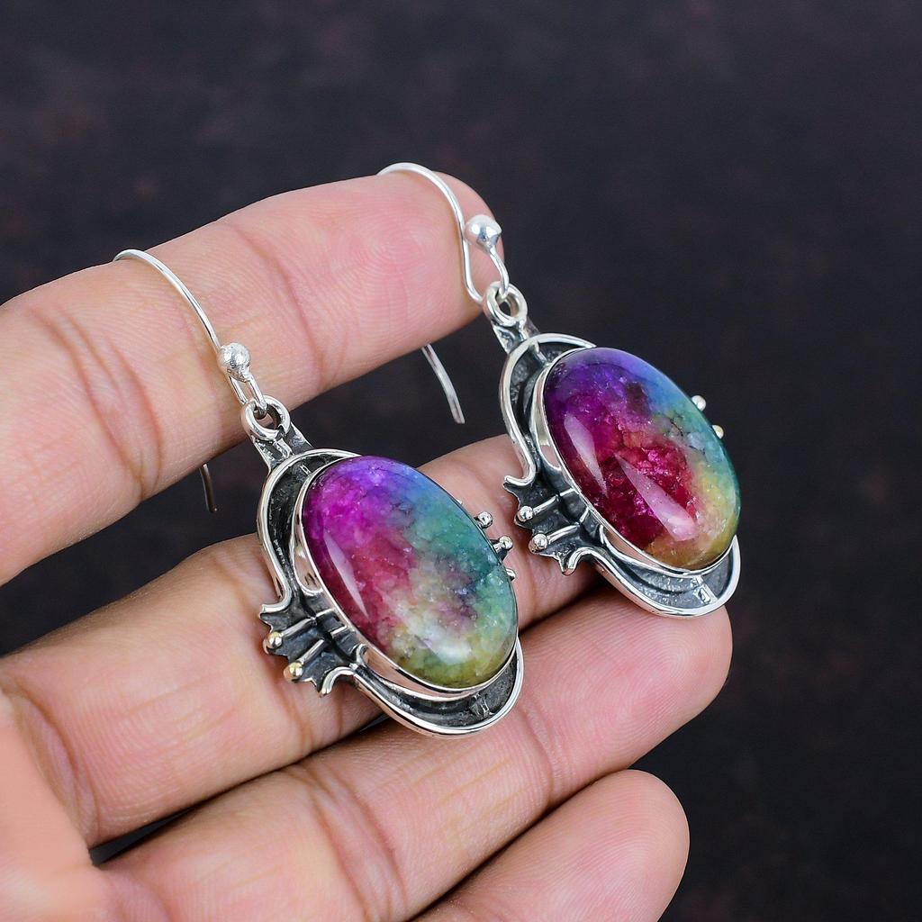 Серьги Rainbow Solar Quartz Druzy, серьги ручной работы из драгоценных камней, серьги из стерлингового серебра 925 пробы, антикварные ювелирные изделия, подарки для мамы, серьги с камнями по месяцу рождения