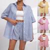 Women's Summer Two Piece Set Striped Button Down Short Sleeve Shirt Drawstring Shorts Set Casual Lounge Outfit