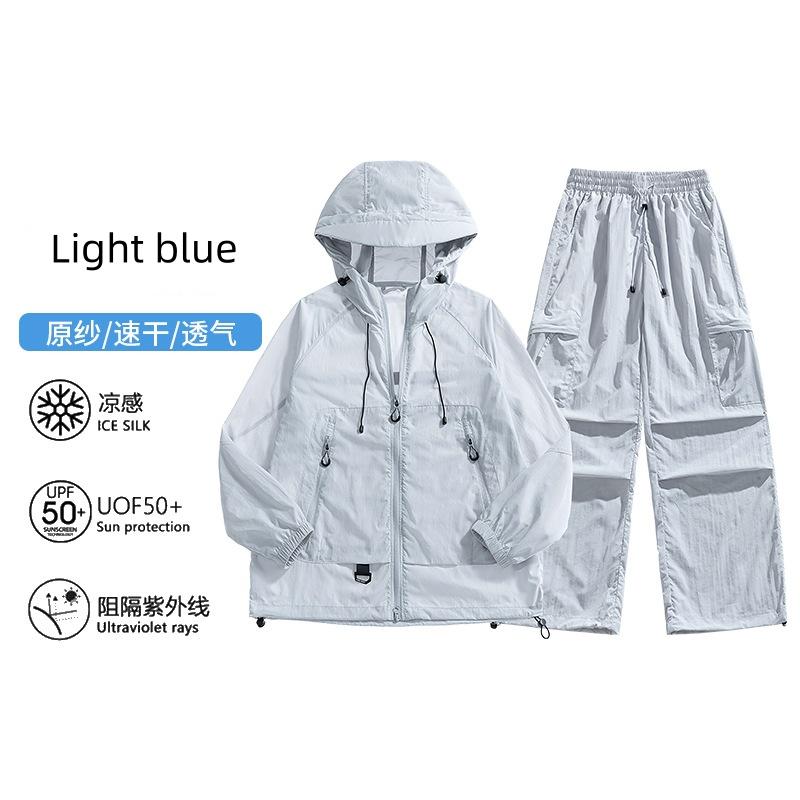 Летний мужской комплект с защитой от солнца Быстросохнущий топ с капюшоном и брюки Комплект мужская и женская одежда с защитой от солнца Костюм