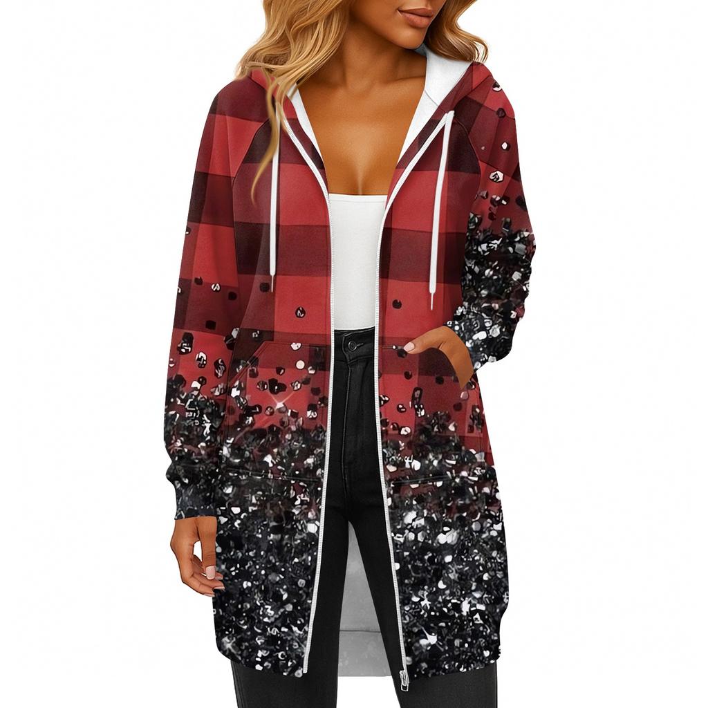 Women's Fashionable Christmas Printed Long Sleeved Drawstring Hooded Zipper Pocket Long Casual Sweatshirt Jacket
