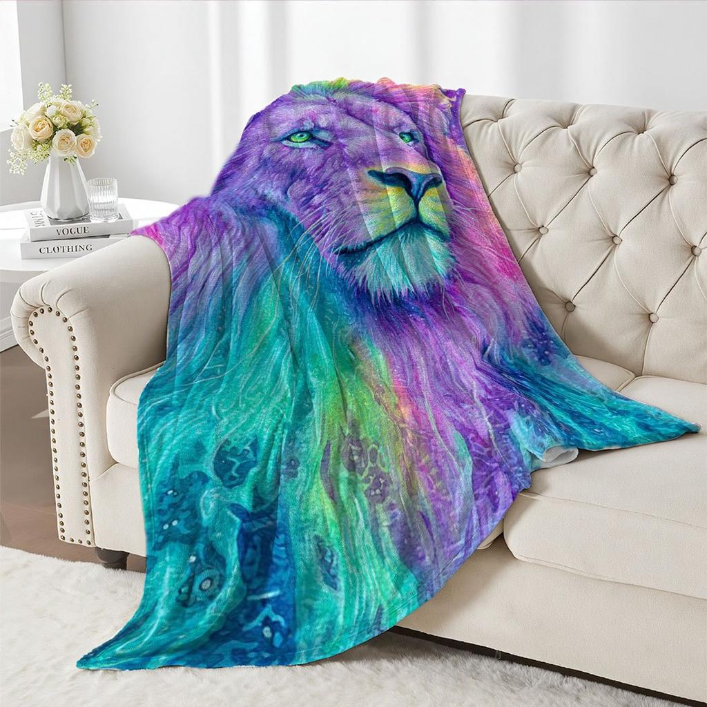 Rainbow Lion Flannel Throw Blanket – Vibrant Art Design, Soft Cozy Fleece for Home, Office, Sofa & Car – All-Season Use