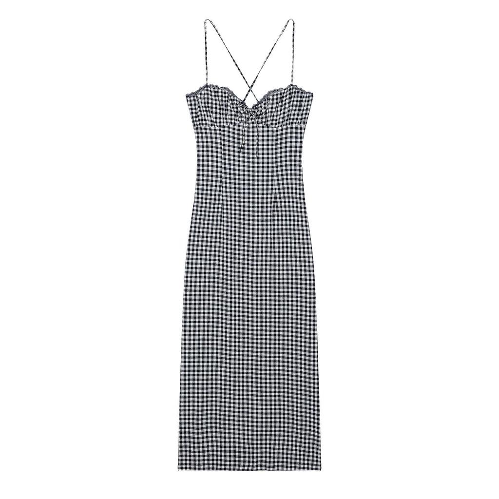 European and American style, new women's clothing, foreign style, classic slim-fitting V-neck small plaid Midi dress