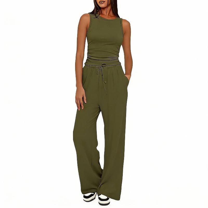 QICED Women's Summer Spring Fashion Casual Sleeveless O-Neck Pants Suits Casual Chic