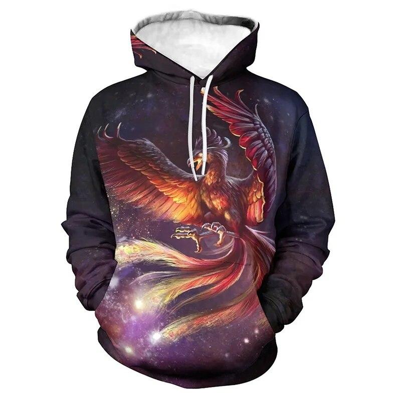 Sunset Glow Phoenix Art Fleece Hoodie for Men, Autumn Winter Thick Warm Pullover, Rebirth Legend Bird Sweatshirt for Countryside Day Trips