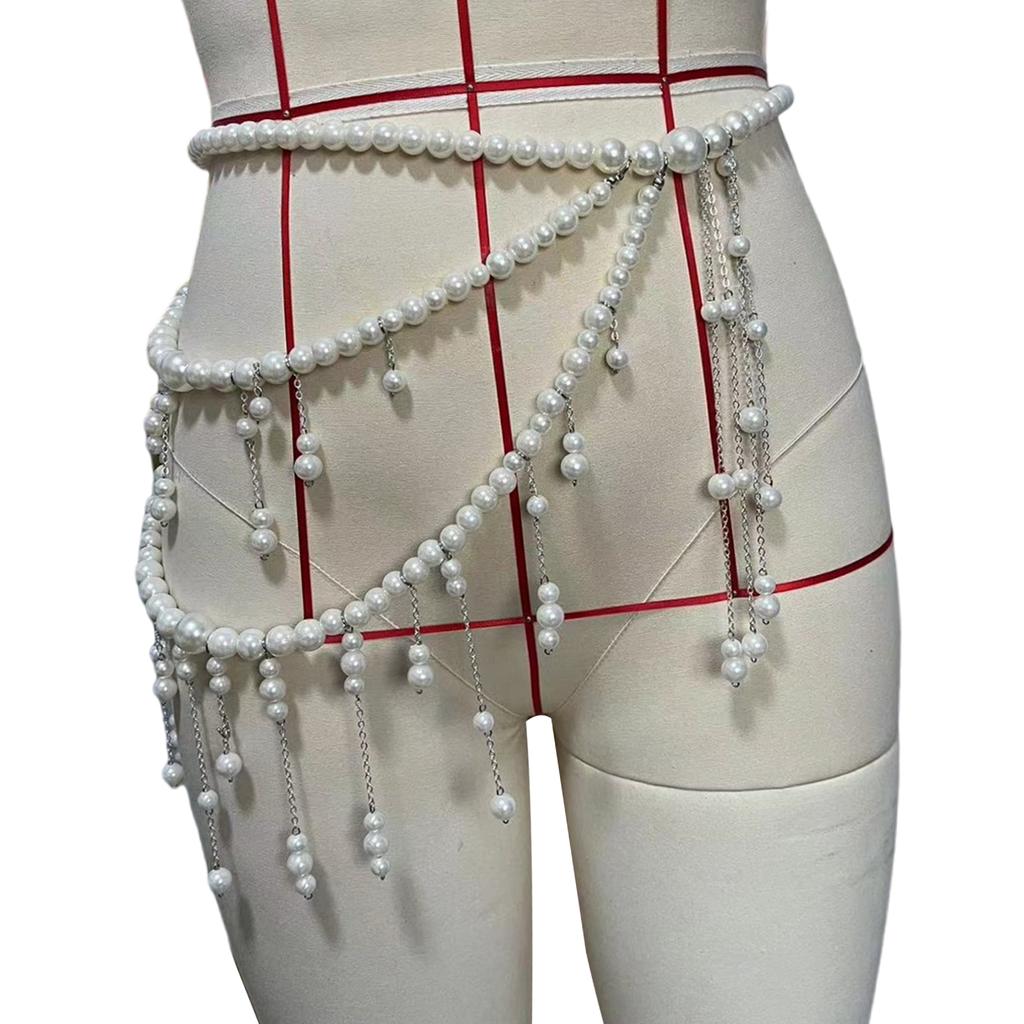 Multilayer Long Imitation Pearls Waist Chain Belt with Tassel Women Elegant Body Chain Accessory for Dresses and Sweater