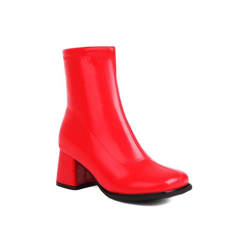 Женские ботильоны, короткие сапоги на толстом высоком каблуке с круглым носком на молнии, лаконичная женская модная обувь, зимняя красная, белая, черная 46