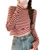 Женская полосатая футболка с круглым вырезом и длинными рукавами, повседневный короткий топ