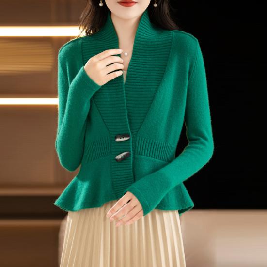 Women Sweater Coat V-Neck Long Sleeve Ruffle Hem Knitting Sweater Solid Color Slim Fit Waist Tight