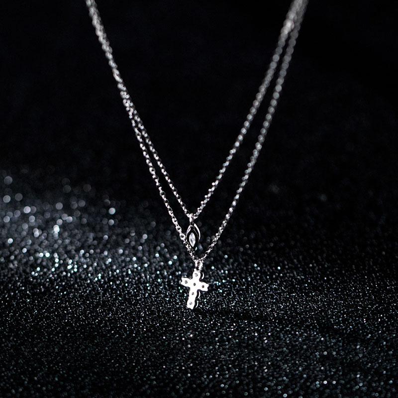 Real 925 Silver Double Layer Necklace Silver Shinying Zirconia Leaf and Cross Pendant for Women Wedding Party Jewelry