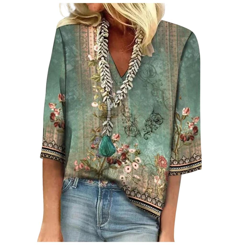 Women's Shirt Blouse Casual Loose Shirts 3/4 Sleeve Print V Neck Tops Print Tops T-shirts Tee