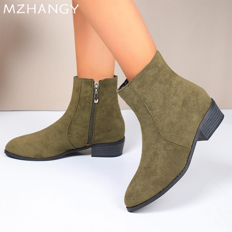 Женские ботильоны из массивной замши, зимние элегантные туфли на среднем каблуке, повседневная женская обувь 2024 года, модные туфли-лодочки для ходьбы в готическом стиле Botas Mujer