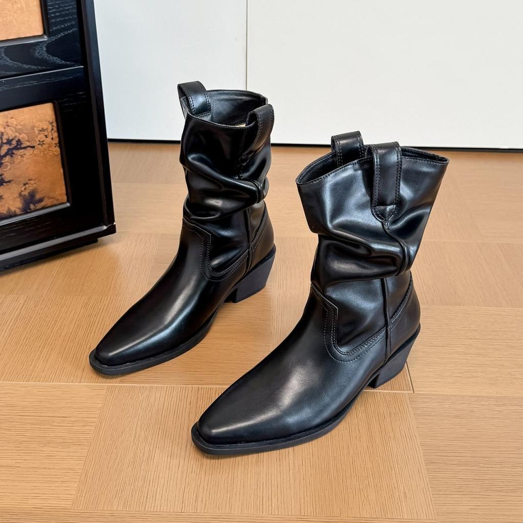 Large Size Short Boots, Wasteland Wind Rubbing, Pleated Piled Boots, New Retro Thick Heel Thigh Circumference Fat Mm Thick Leg Martin Boots