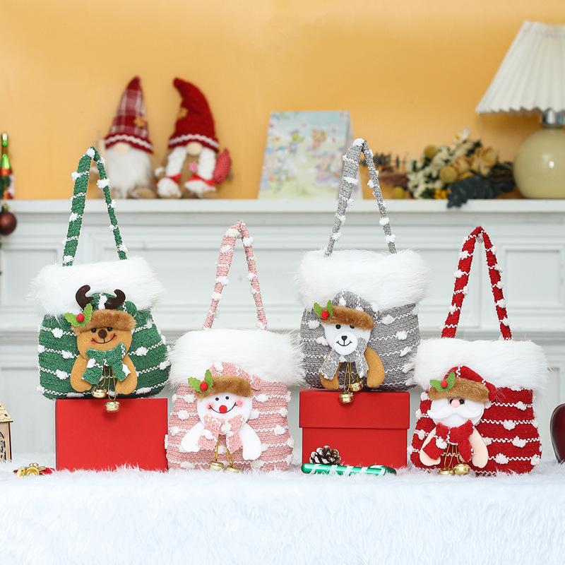 Christmas Apple Gift Bag Knitted Plush Santa Snowman Reindeer Bear Handbag Xmas Eve Candy Present Bag Holiday Party Decor