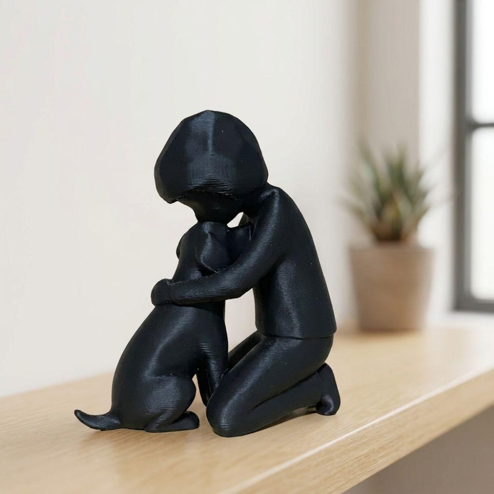 3D Printed Human Hug Dog Friendship Sculpture Minimal Boy Dog Figurine Pet Memorial