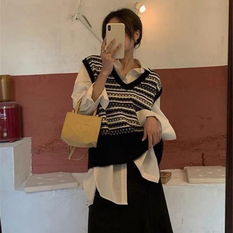 Пуловер-свитер, женский жилет 2023, винтажный вязаный жилет, женский осенний свободный жилет с v-образным вырезом и свободным полосатым жилетом без рукавов