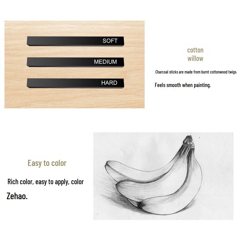Sketch Square 6-Piece Set: Soft, Medium & Hard Carbon Sticks, Quick Sketch Charcoal & Graphite Pencils for Art & Doodling.