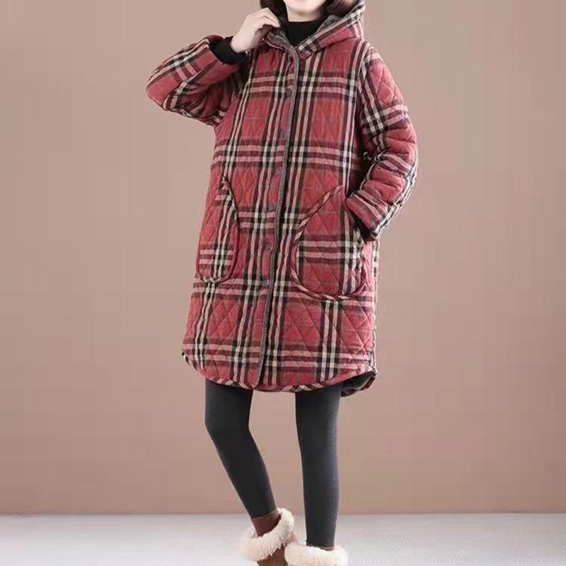 Хлопковая куртка, женская осенне-зимняя длинная утолщенная клетчатая куртка с капюшоном, теплая хлопковая куртка большого размера