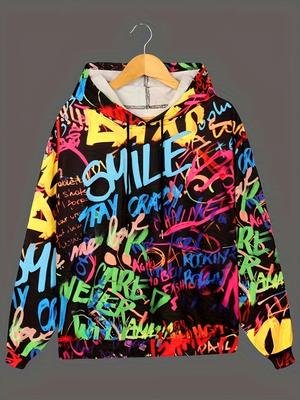 Яркая толстовка с капюшоном в стиле граффити — регулируемый шнурок, длинный рукав, мягкий дизайн толстовки, идеально подходит для повседневной носки — женская одежда