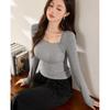 Temperament Shoulder Square Collar T-shirt Women Long Sleeve Autumn New Tight-fitting Bottom Shirt Top