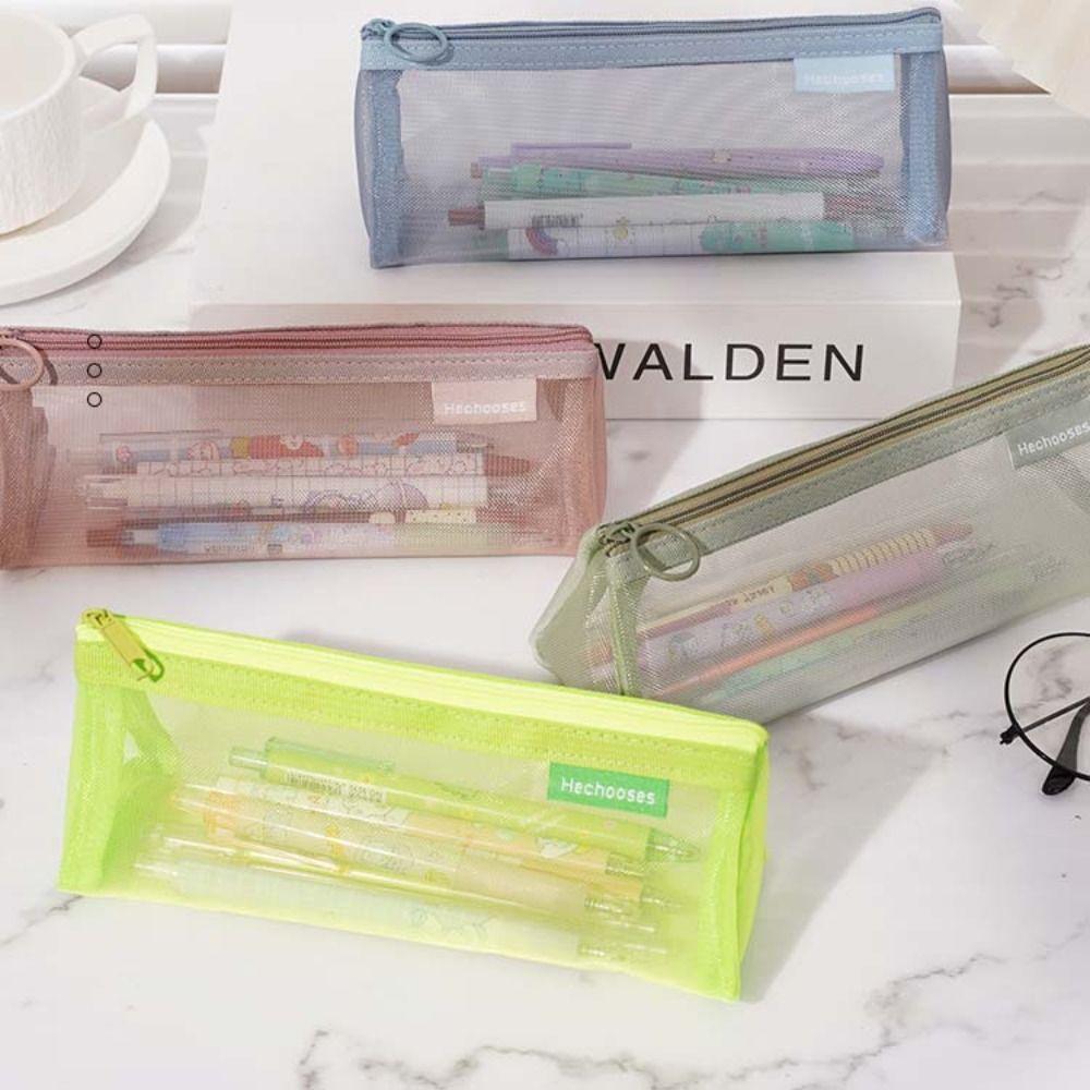Retro Color Mesh Pencil Case Nylon Zipper Stationery Bag Simple Transparent Bills Bag Pencil Bag