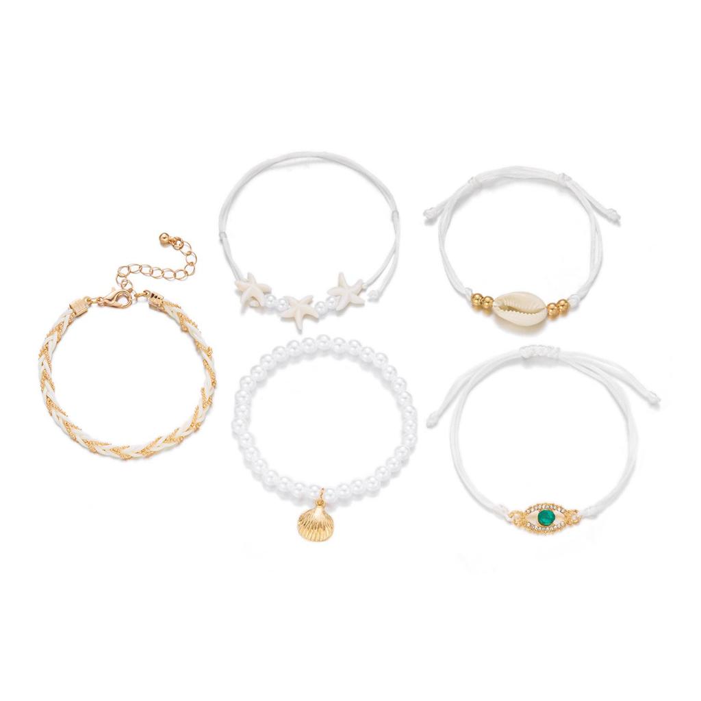 Богемный набор браслетов с ракушками, морскими звездами и жемчугом – Коллекция из 5 предметов