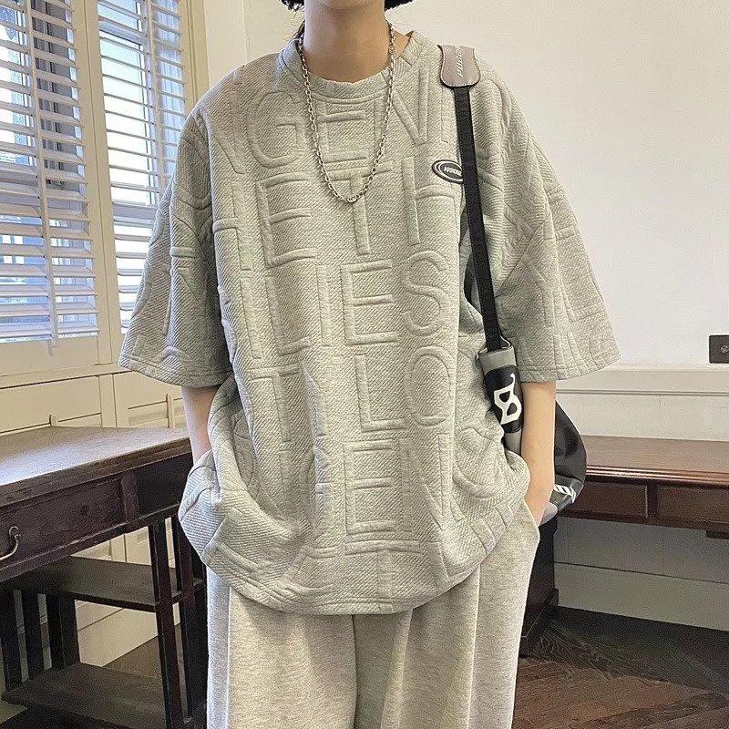 Новая вафельная футболка с коротким рукавом, мужская летняя корейская свободная повседневная футболка для мужчин, дышащий топ с половиной рукава, мужская гонконгская модная футболка с принтом