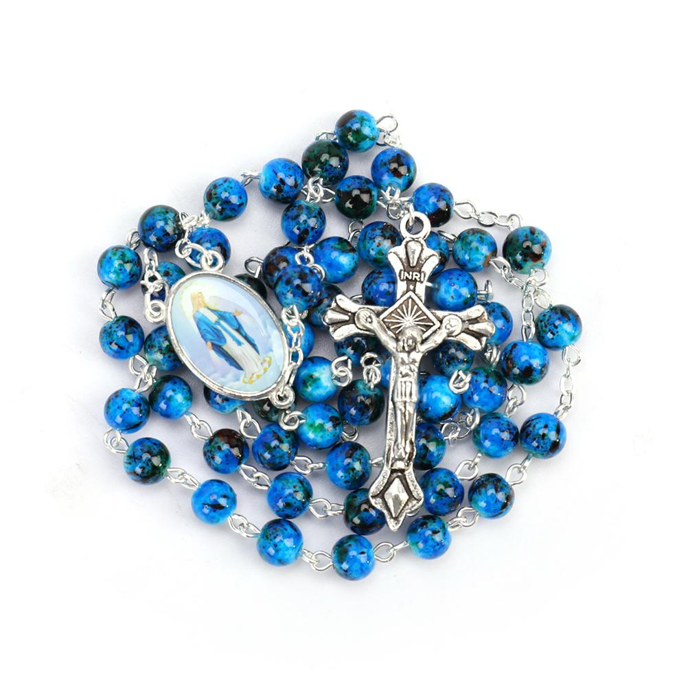 Католические четки маленького размера, круглые синие стеклянные бусины, ожерелье с изображением Девы Марии и Иисуса