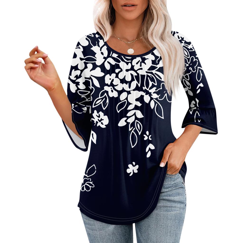 Женские топы с рукавами-колокольчиками 3/4, летние плиссированные рубашки с круглым вырезом, модные нарядные повседневные блузки-туники свободного покроя