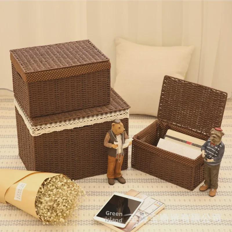«Маленький плетеный соломенный ящик для хранения с крышкой для рабочего стола в спальне»