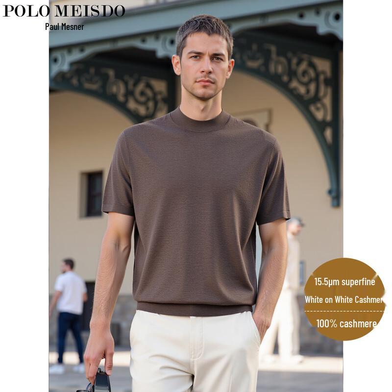 POLOMEISDO Men's 100% Cashmere Short-Sleeve Mock Neck Sweater