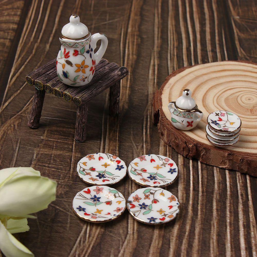 Gift Miniature Home Decoration Flower Pattern Mini Tea Set Kitchen Miniature Dollhouse Accessories