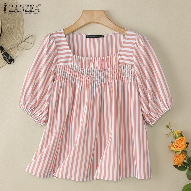 ZANZEA Женская повседневная блузка в полоску с квадратным вырезом и коротким рукавом