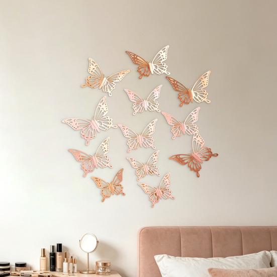 12 Pcs 3D Butterfly Wall Decor 3 Sizes Removable Hollow Mural Stickers for Bedroom Living Room Birthday Party Cake