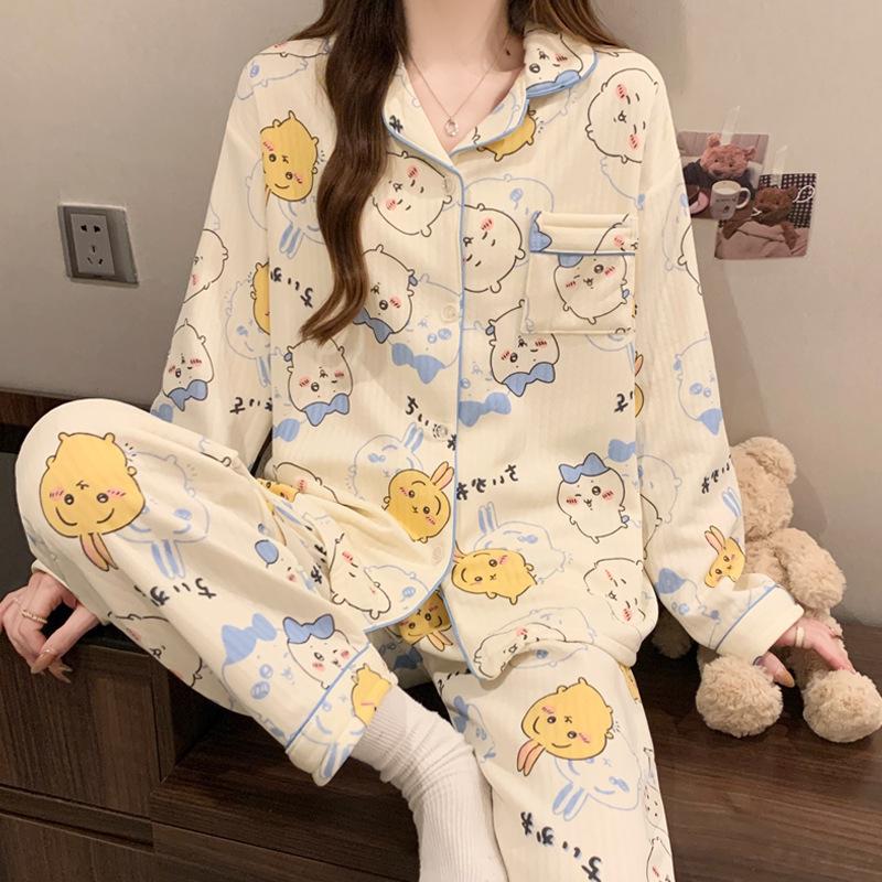 Air cotton sandwich pajamas women's autumn and winter long-sleeved cute dachshund dog polka dot warm loungewear set