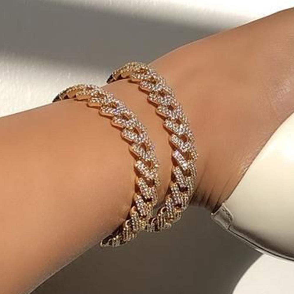 Punk Miami Cuban Link Anklets For Women Men Trendy Chunky Metal Cuban Chain Baguette Anklet Bracelet Shiny Crystal Rock Jewelry
