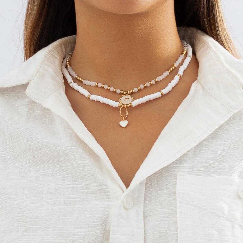 Pastoral Imitation Crystal Heart-shaped Necklace, Simple Soft Pottery Piece Beaded Moon Necklace Set for Women